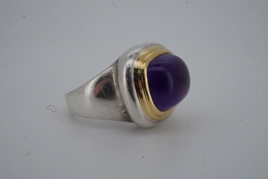 Paloma Picasso for Tiffany & Co., an amethyst ring, set with a sugarloaf cabochon amethyst, collet-set in bicoloured silver, size L, signed Tiffany & Co. and Paloma Picasso, British hallmarks for silver, pouch stamped Ti